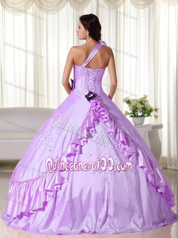 Lilac one Shoulder Pleats Hand Made Flowers Quince Dresses