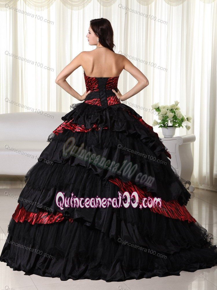 Exquisite Strapless Black and Red Tiered Zebra Quince Party Dress