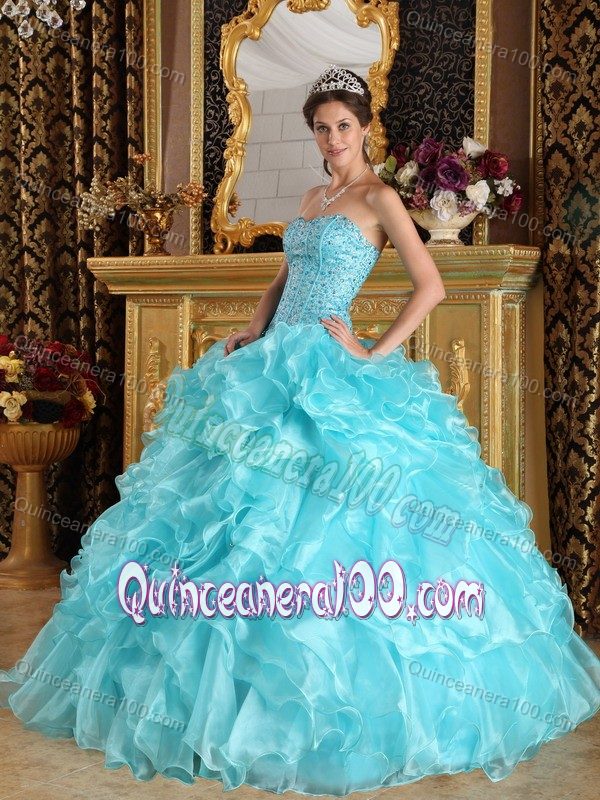 Aqua Blue Sweetheart Beaded Sweet 16 Dresses with Ruffled Layers ...