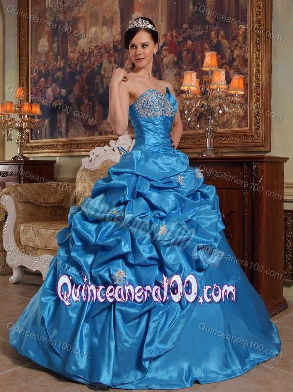 Blue Pick-ups Sweetheart Dress for Quince with Beading Appliques