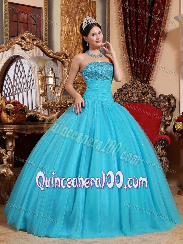 Custom Made Tulle Aqua Blue Quinceanera Dresses with Beading