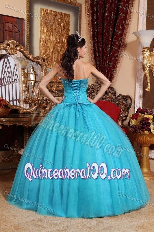 Custom Made Tulle Aqua Blue Quinceanera Dresses with Beading