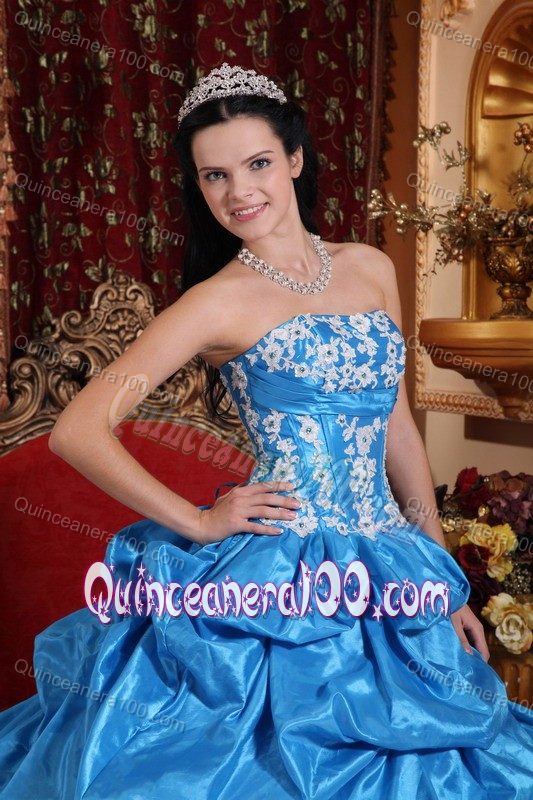 Blue Strapless Pick-ups Taffeta Dresses for Quince with Appliques