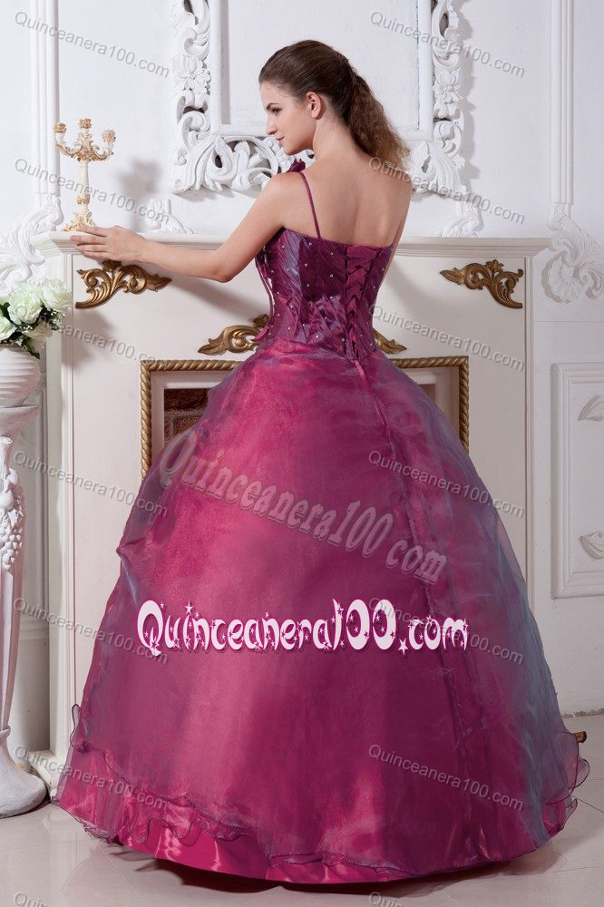 One Shoulder Burgundy Sweet 15 Dresses with Hand Made Flowers