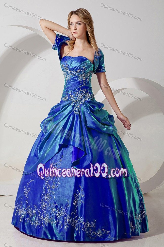 Blue Embroidery Taffeta Strapless Quinceanera Dresses with Ruches