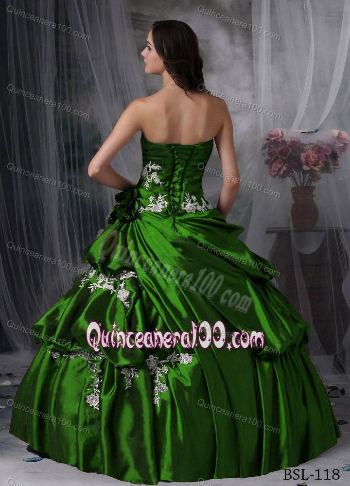 Hot Sale 2012 Strapless Appliqued Dark Green Sweet 16 Dress