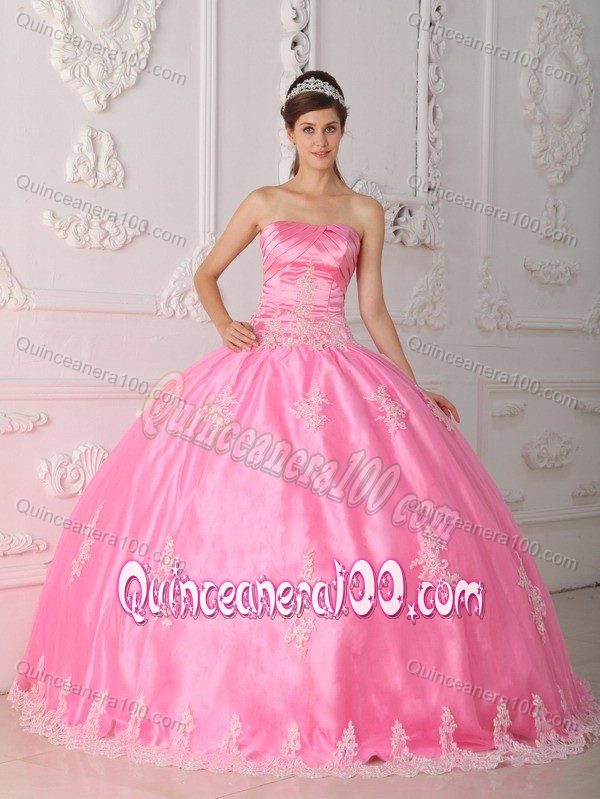 Cute Pink Strapless Appliqued Ball Gown Lace Hem Quince Dresses ...