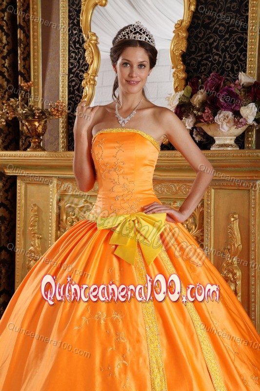 Orange Strapless Embroidery Bowknot Decorate Quinceanera Gown