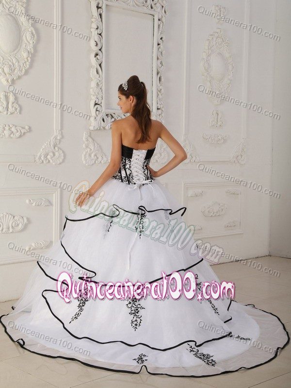 White and Black Satin and Organza Appliques Quinceanera Gown