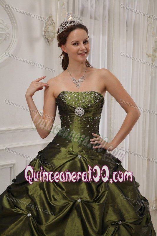 Excellent Olive Green Strapless Pick-ups Beading Quince Dresses