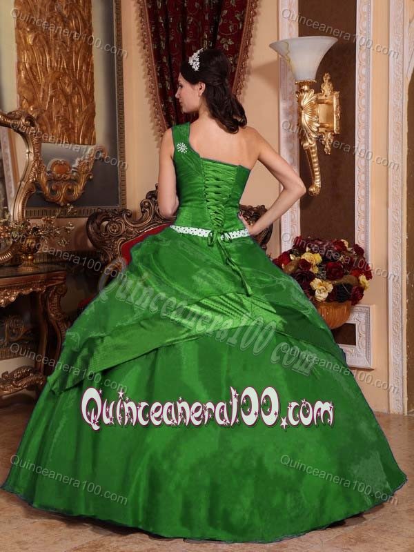 Excellent Green one Shoulder Tiered Dress for Sweet 15 with Sash