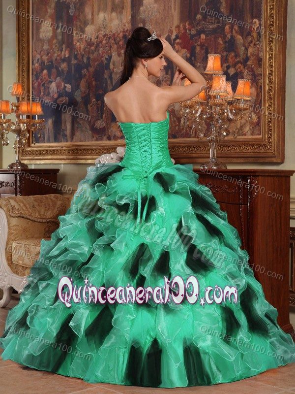 Green and Black Strapless Beading Ruches Ruffles Quinceanera Gowns