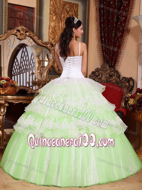 Mint Colored and White Spaghetti Straps Multi-tiered Dresses of 15