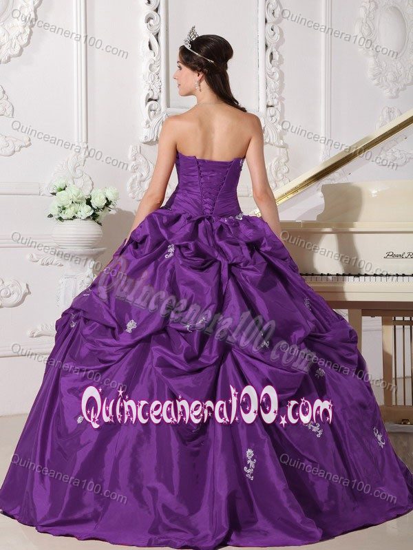 Purple Strapless Pic-ups and Appliques Ball Gown Dresses of 15