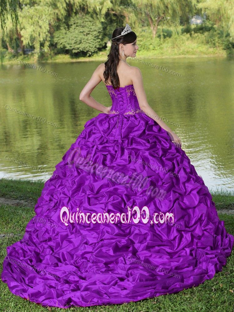 Court Train Pick-ups Purple and Watermelon Sweet 15 Dresses