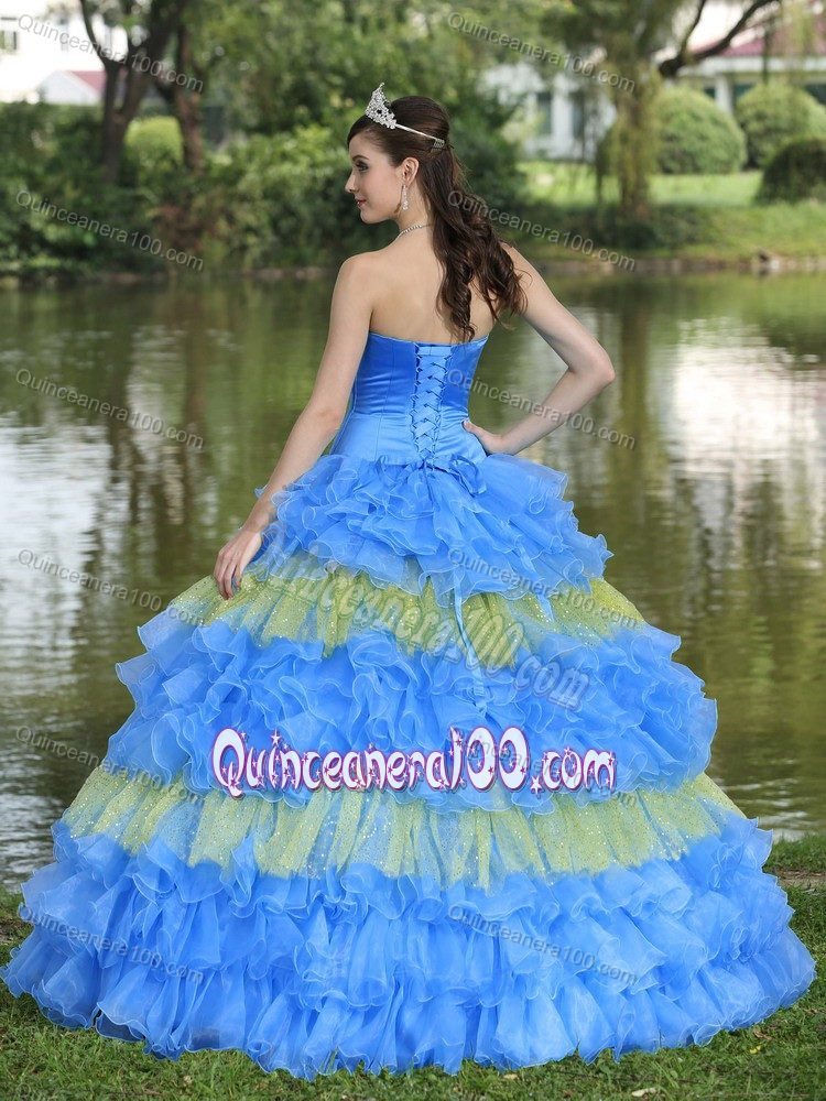 Multi-tiered Beaded Blue and Yellow Quinceanera Gown Dresses
