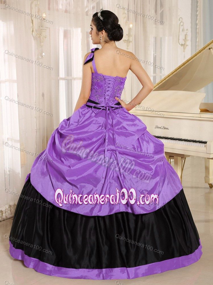One Shoulder Purple and Black Quinceanera Dress with Bow