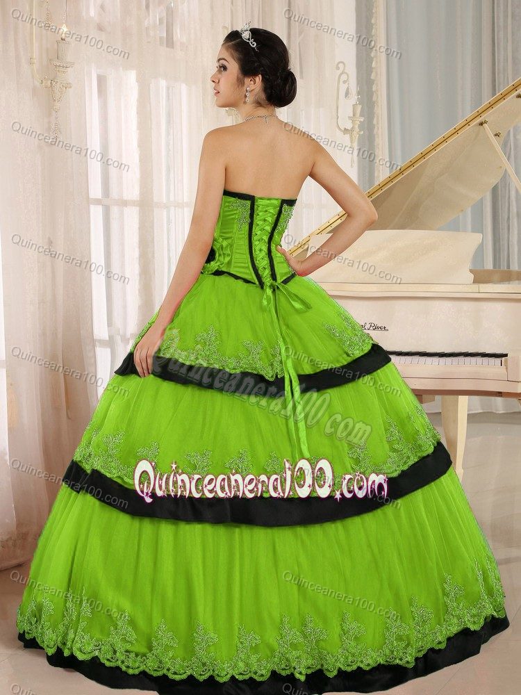 Customized Appliqued Spring Green and Black Sweet 16 Dress