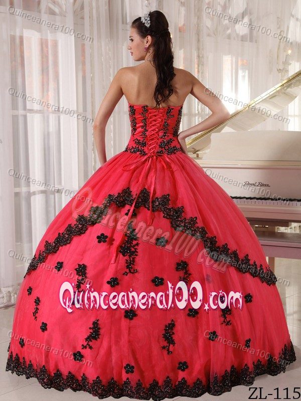 Attractive Coral Red Quinceanera Dress with Black Appliques
