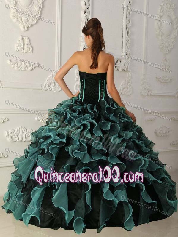 Ball Gown Dress for Quinces with Beading in Dark Green and Black
