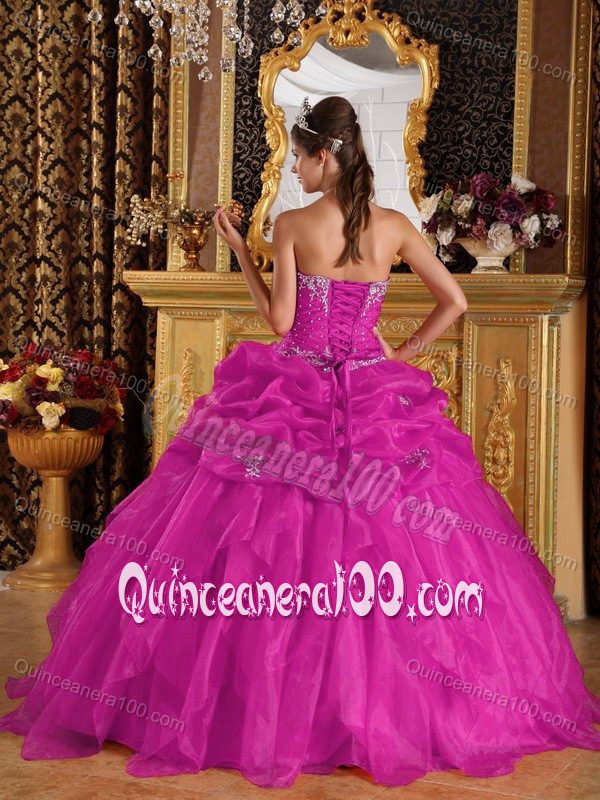 Dropped Quinces Gown with Appliques with Beading in Fuchsia