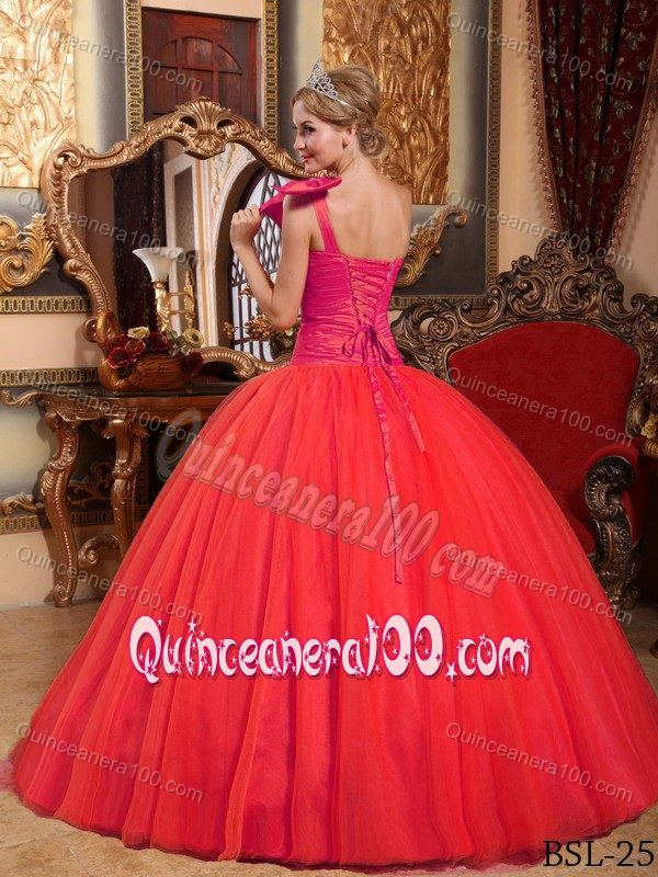 One Shoulder Quinceanera Dress in Coral Red with Beading
