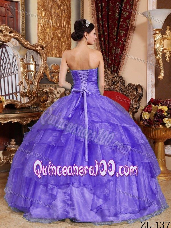 Purple Strapless Beaded Sweet 15 Dresses with Ruffled Layered
