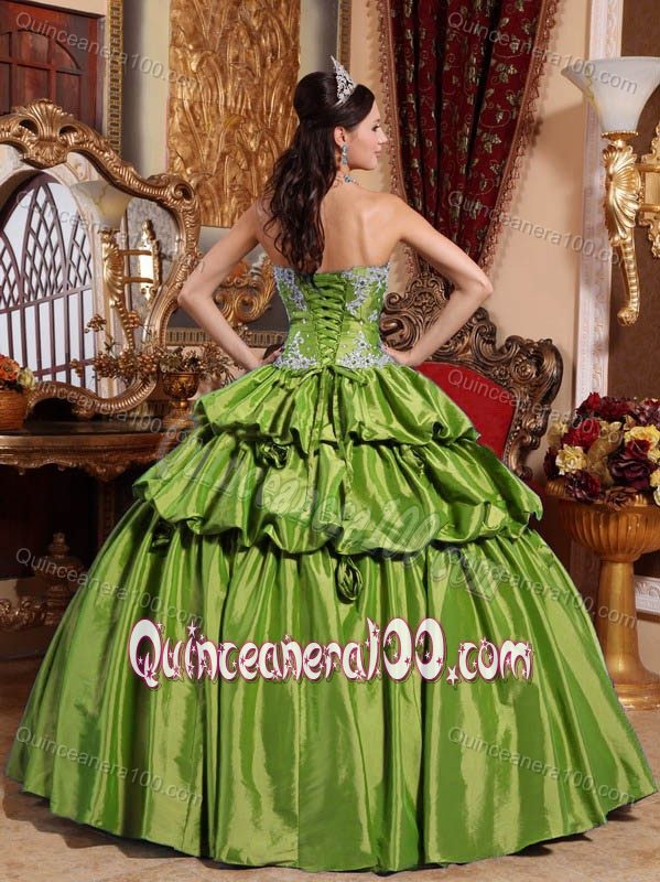 Olive Green Appliques Quinceanera Dress with Hand Made Flowers