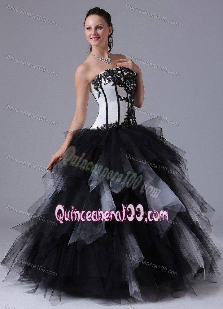 Black and White Quinceanera Dress With Embroidery and Ruffles