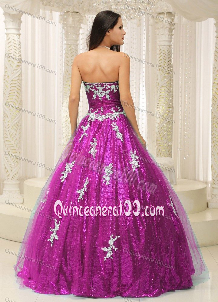 Fuchsia Strapless Prom Evening Dress with Silver Appliques