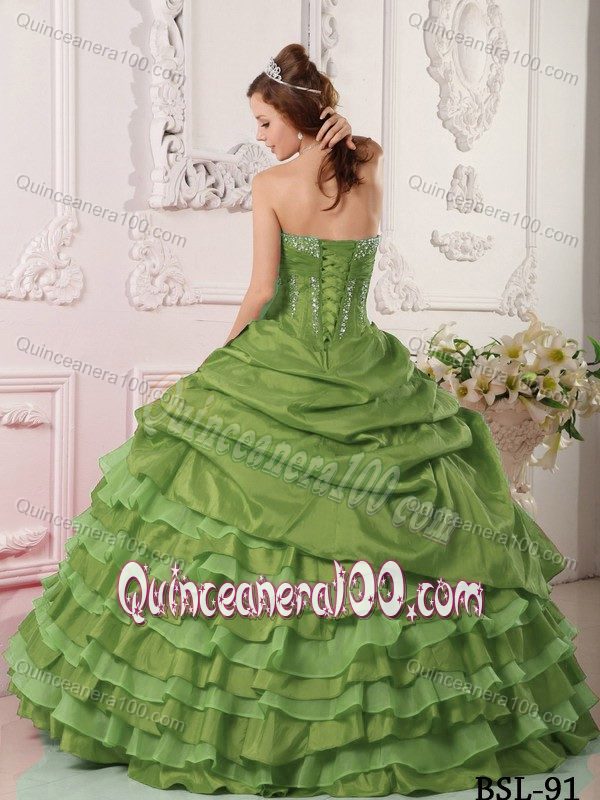Olive Green Taffeta Sweet Sixteen Dresses with Beaded Bust and Layered Skirt