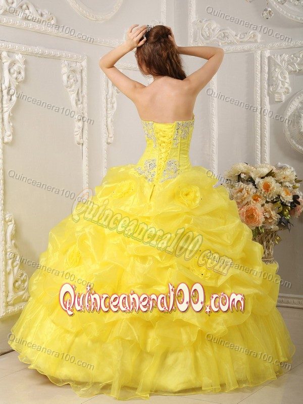 Yellow Organza Quinceanera Gown with Strapless Neck and Beaded Top