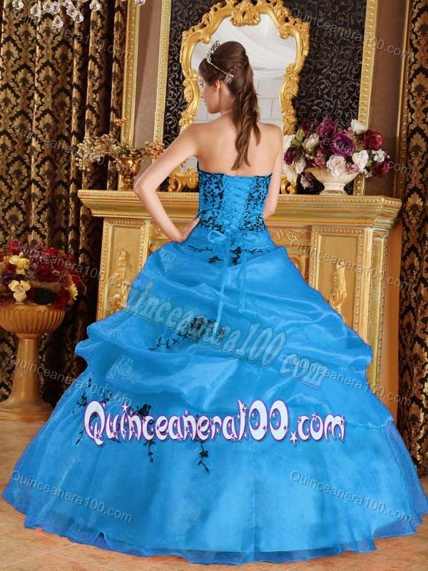 Blue Pick-ups Dresses for a Quinceanera with Black Embroidery
