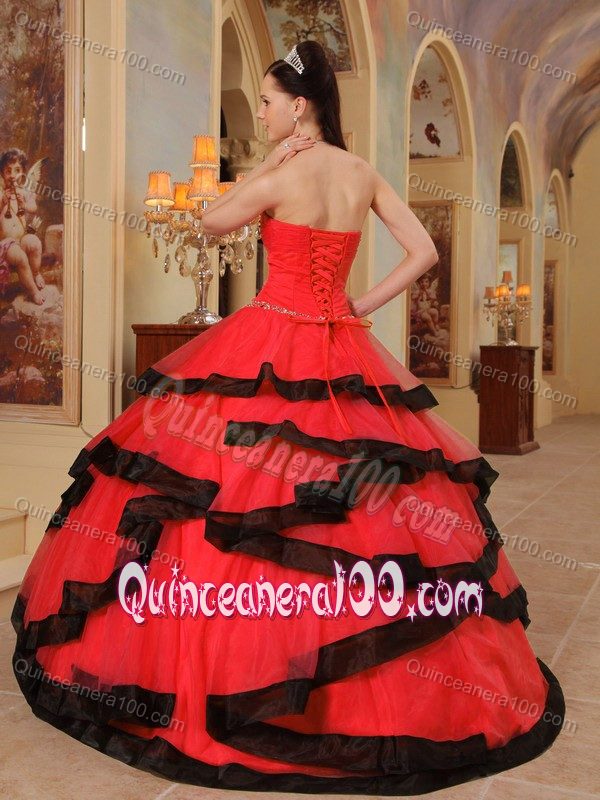 Stylish Red Strapless Beaded Dress for Sweet 16 with Black Hem