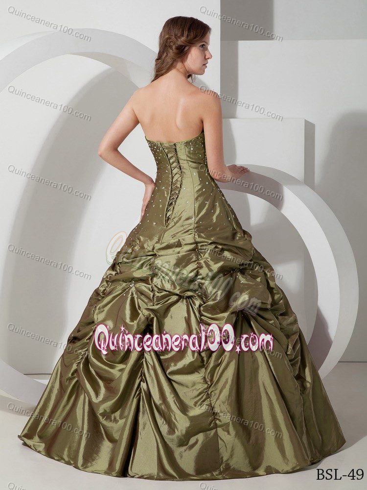 Olive Beading Strapless Pick-ups Ruched Bodice Sweet 16 Dresses