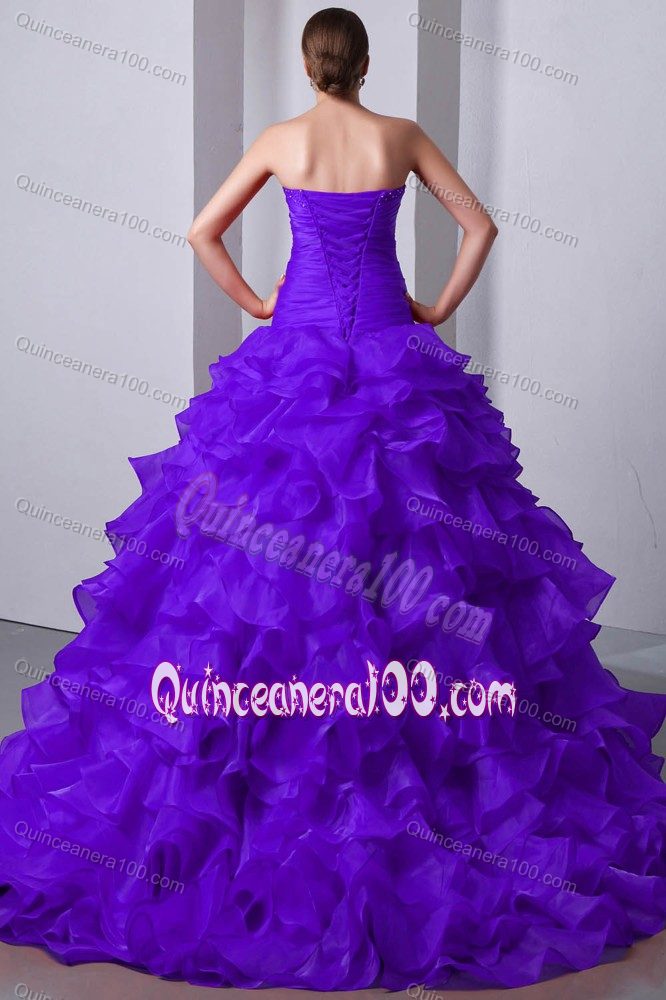 Classic Organza Brush Train Ruffled Purple Dress for Sweet 15