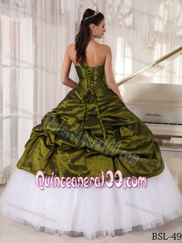 Cheap Olive Green and White Dress for Sweet 16 with Appliques