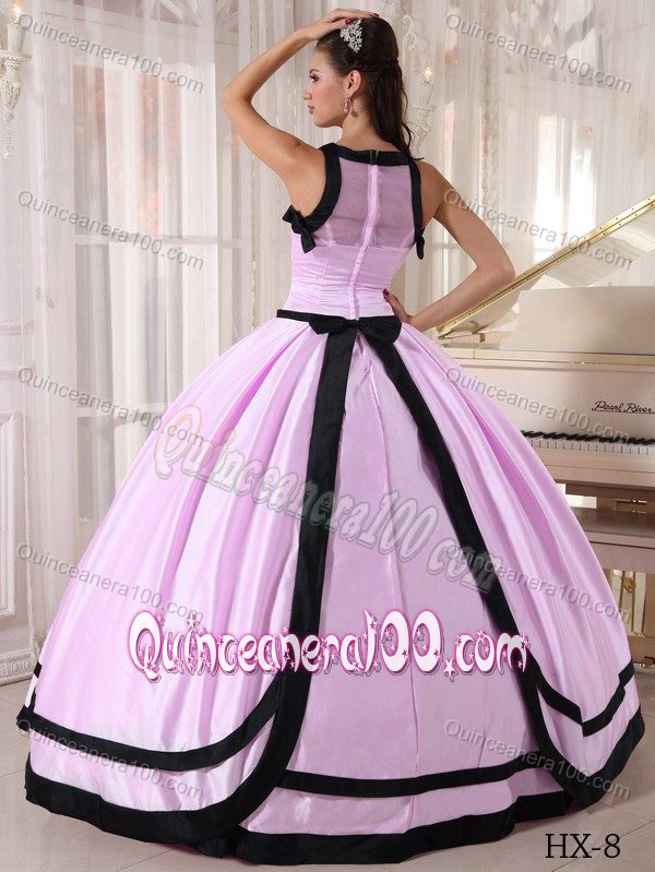 Bateau Neck Baby Pink Sweet Sixteen Dresses with Black Hem