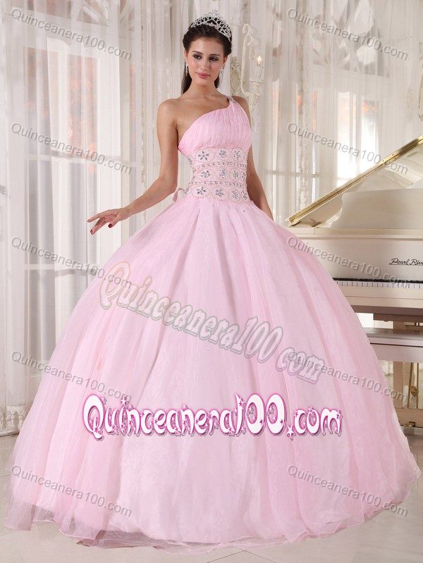 Baby Pink One Shoulder Quinceanera Dresses with Rhinestones
