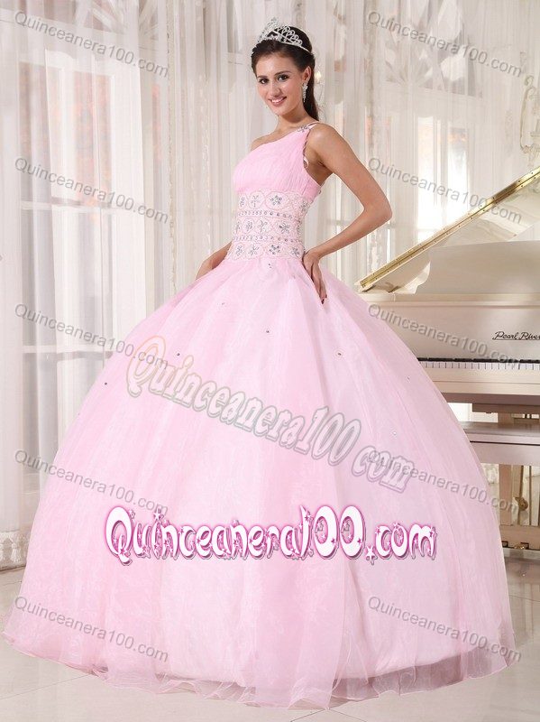 Baby Pink One Shoulder Quinceanera Dresses with Rhinestones