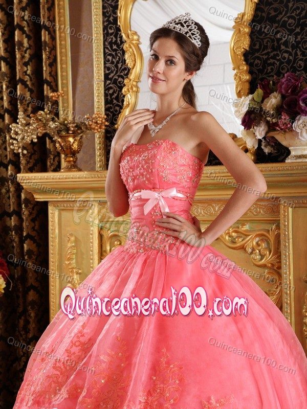 Noble Bowknot Appliqued Watermelon Red Dress for Sweet 15