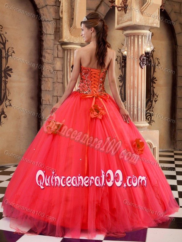 Red Beaded and Appliques Sweet 16 Dress with Hand Made Flowers