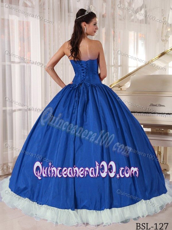 Blue and White Organza and Taffeta Quinces Dresses with Ruffles