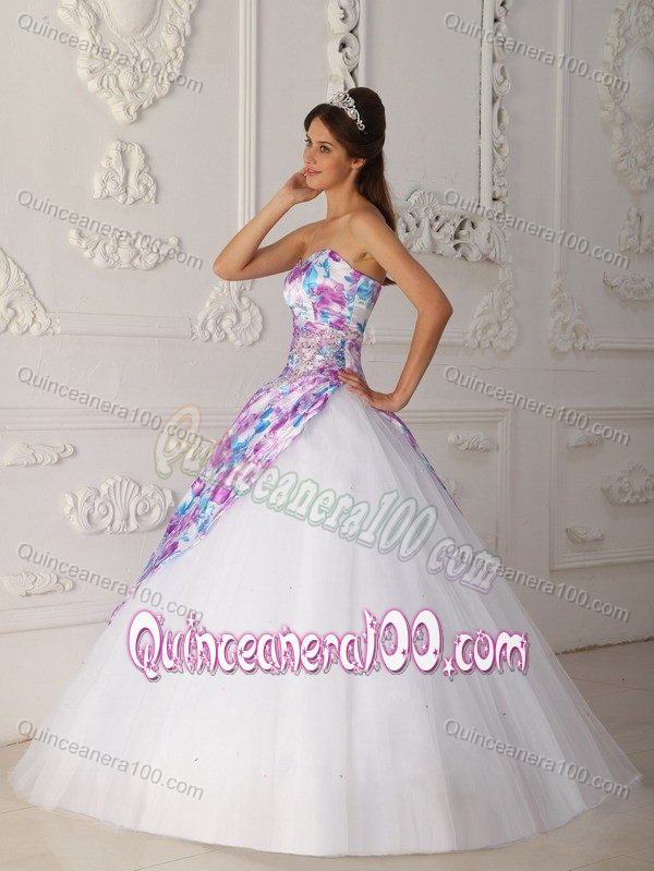 Appliqued Sweet 16 Dresses of White Tulle and Colorful Printing