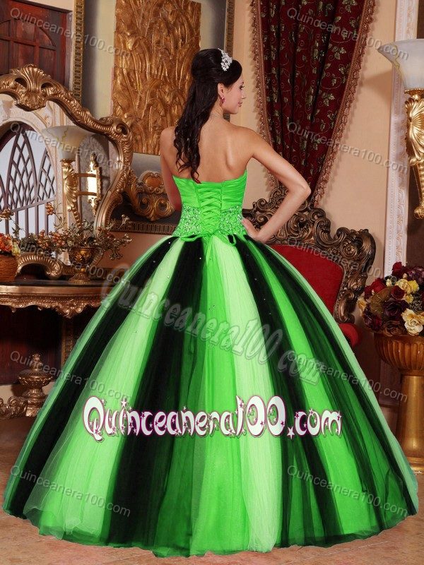 Spring Green and Black Tulle Sweet 15 Dresses with Beading 2013