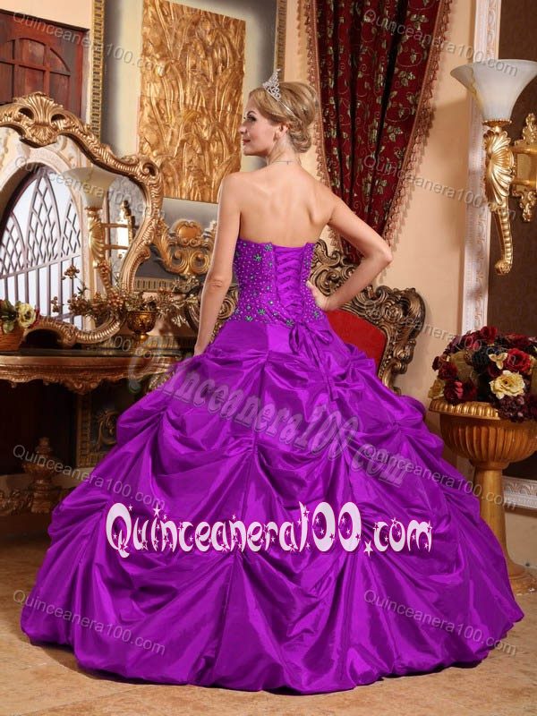 Fuchsia Strapless Taffeta Quince Dresses with Beading and Pick ups