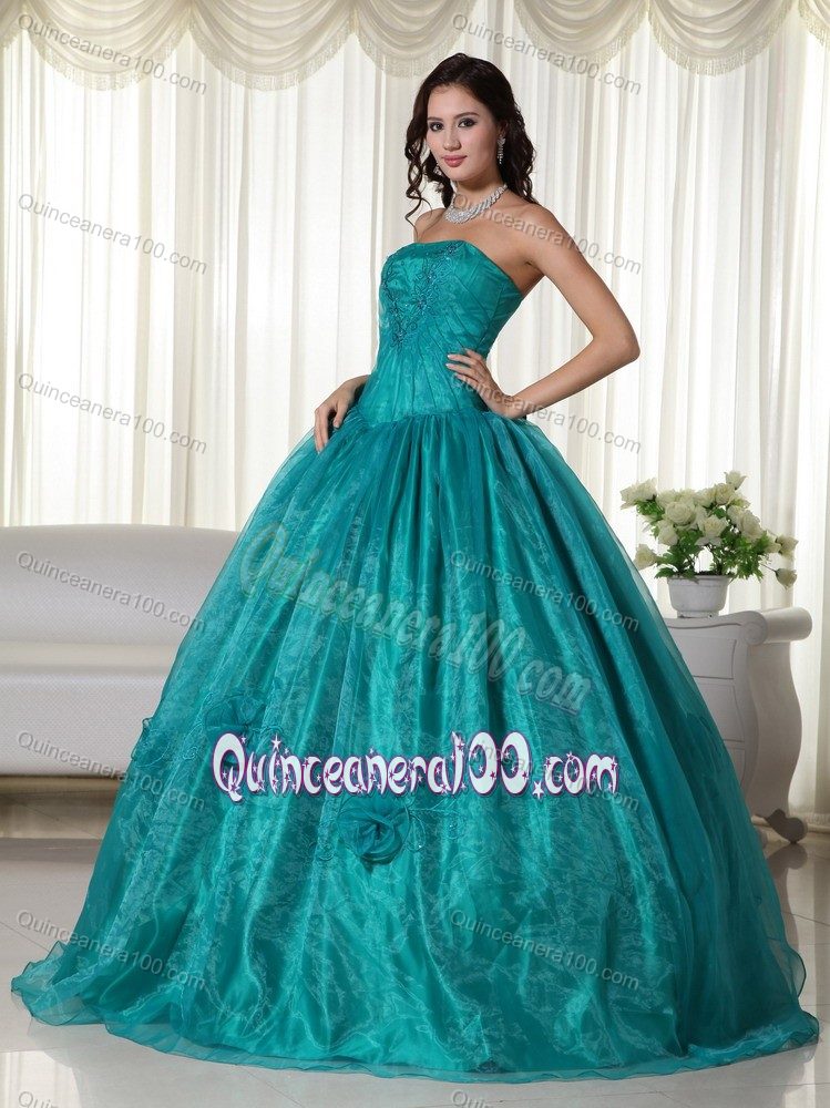 Embroidery Turquoise Pleated Dress for 16 with Hand Made Flowers
