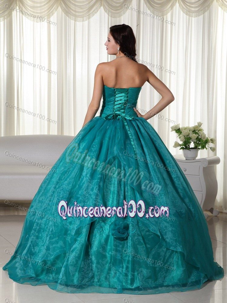 Embroidery Turquoise Pleated Dress for 16 with Hand Made Flowers