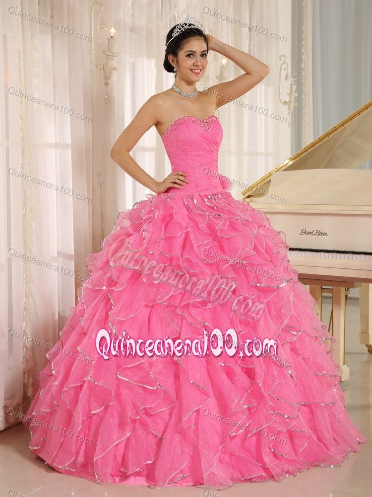 Ruched Bodice Rose Pink Ruffled Quinceanera Gowns