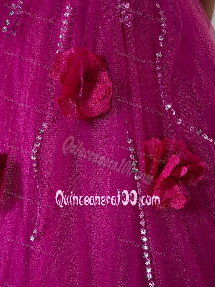 Fuchsia Ruched Beading Quinceanera Dresses with 3D Flowers